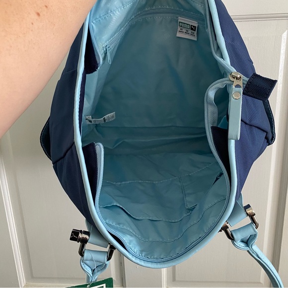 Puma Cartel Tote Bag Dark Blue with Light Blue Trim Silver Hardware Zipper NWT - Picture 12 of 16